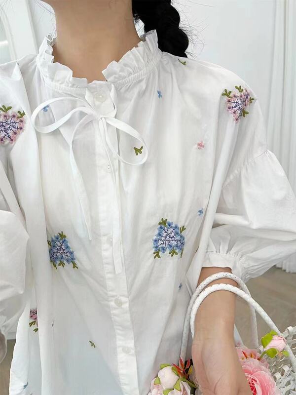 Japanese-Style Embroidered Floral Short-Sleeve Shirt, Youthful Sweet Lace Tie-Up Single-Breasted Versatile Loose Top for Women