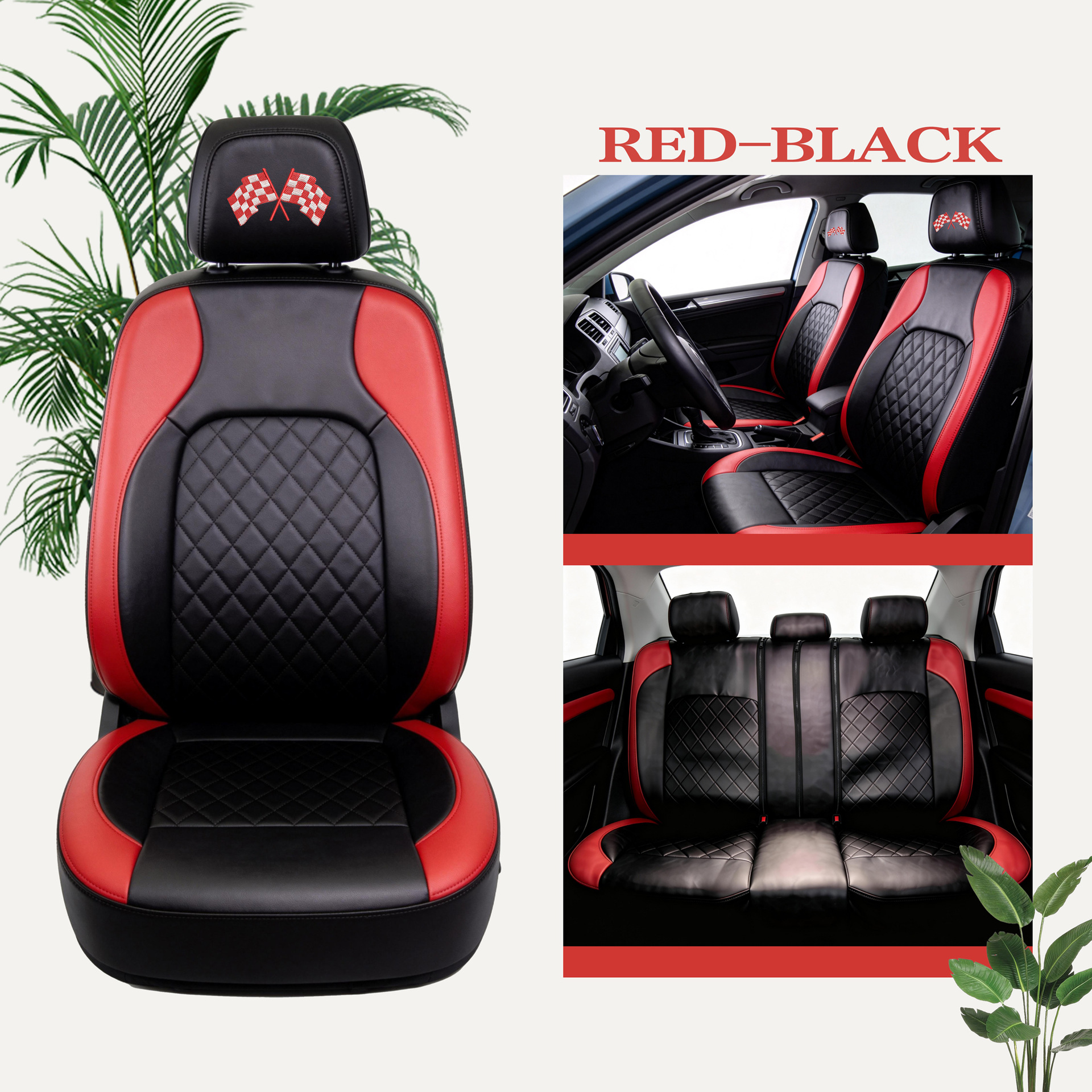 Universal seat covers from the manufacturer, leather style, suitable for all seasons, with a triangular grid pattern, sandwich construction, full coverage car seat cushion