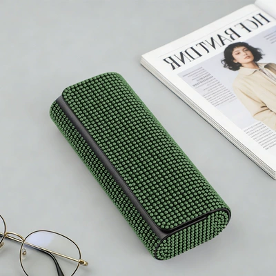 Glasses Case with a High-End | Sun visor rearview mirror - rhinestone-double-oval-eyeglass-case-green-rhinestones