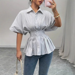 欧米の国境を越えたアマゾン2025春夏のファッションストライプのシャツ女性の夏の新しいカジュアルなシャツの上着