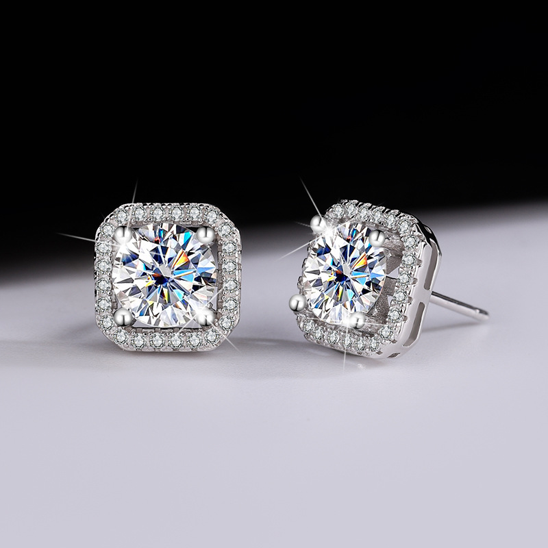 S925 plata esterlina bienes genuinos diamante cuadrado bolsa Stud pendientes temperamento femenino simple moissanite regalo joyería del oído suministro en vivo