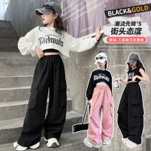 女童街舞套装2025春秋新款小女孩爵士舞真假件露脐上衣休闲裤潮服