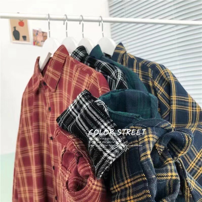 KOBPT retro plaid shirt men's spring and autumn long sleeve trendy loose casual bottoming shirt couple all-match coat