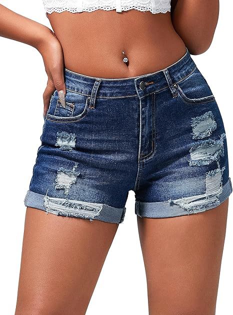 Shorts de Mezclilla para Mujer de Algodón y Poliéster, Elásticos, Cintura Media y Rotos, para Verano