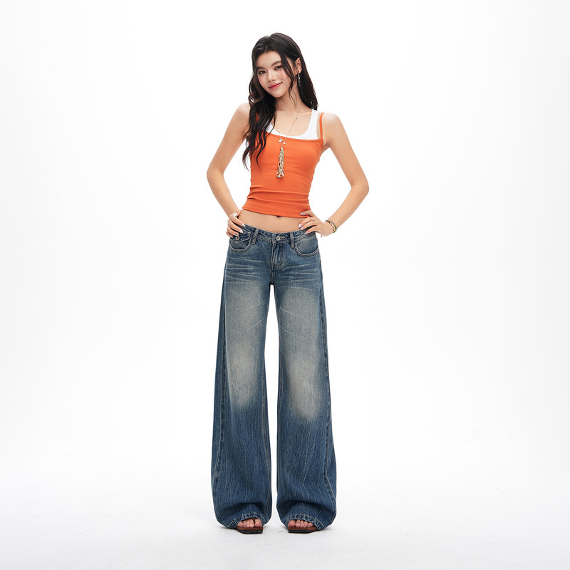 Childish Orange # Trendy Washed Low-Waist Wide-Leg Flared Jeans for Women, Loose Fit, Slimming, Stylish, Versatile, Floor-Length Pants.