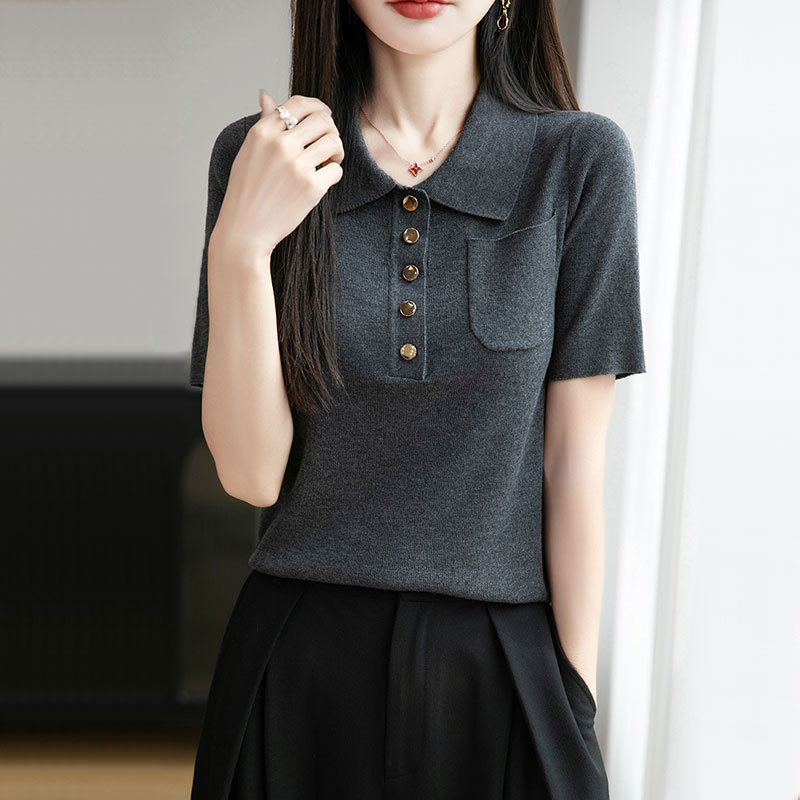 [Factory direct supply] Summer new lapel solid color Tencel short-sleeved T-shirt women's loose ice silk thin sweater