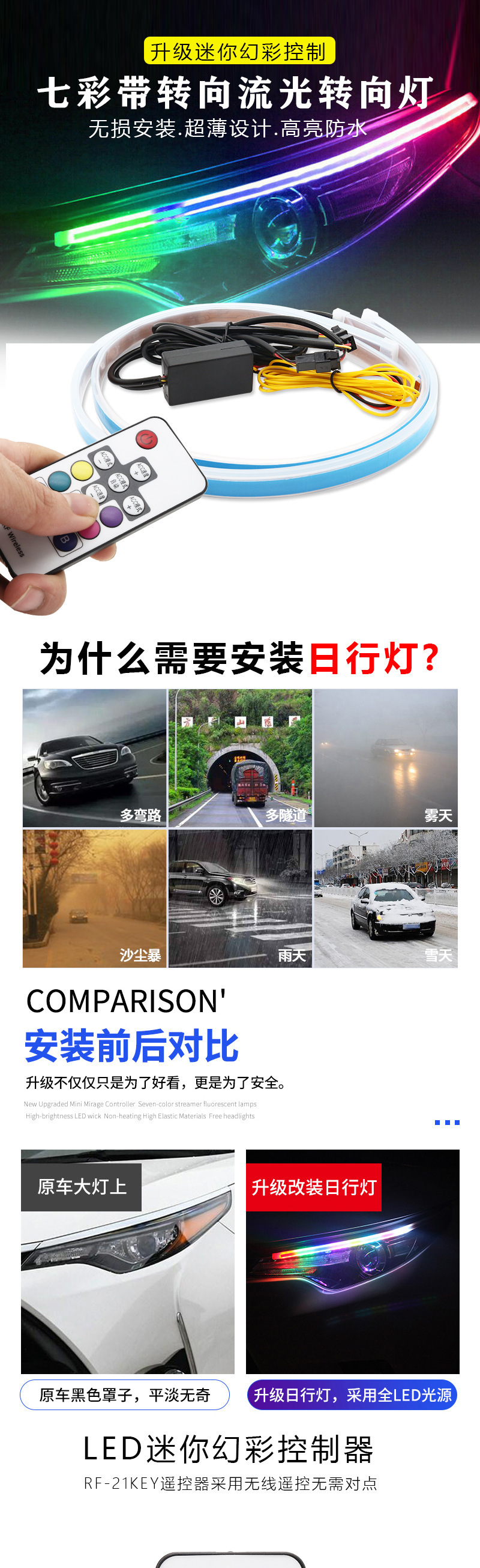 Ultra-thin light guide strip two-color day running lamp flowing water steering streamer 60cmRGB colorful remote control teary eye decorative lamp