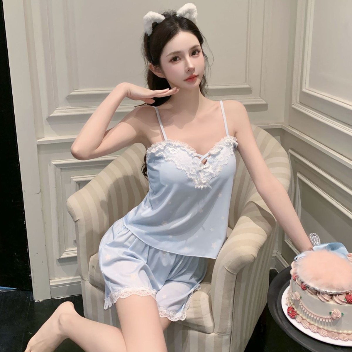 French-Style Women's Pajamas Sweet Spring and Summer New Camisole Sexy Pure Desire Style Ice Silk Loungewear Set Camisole Shorts