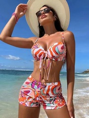 2023 European and American New Conservative Floral Graffiti Hard Cup Square Leg Panty Bikini Swimwear Cross-border Amazon