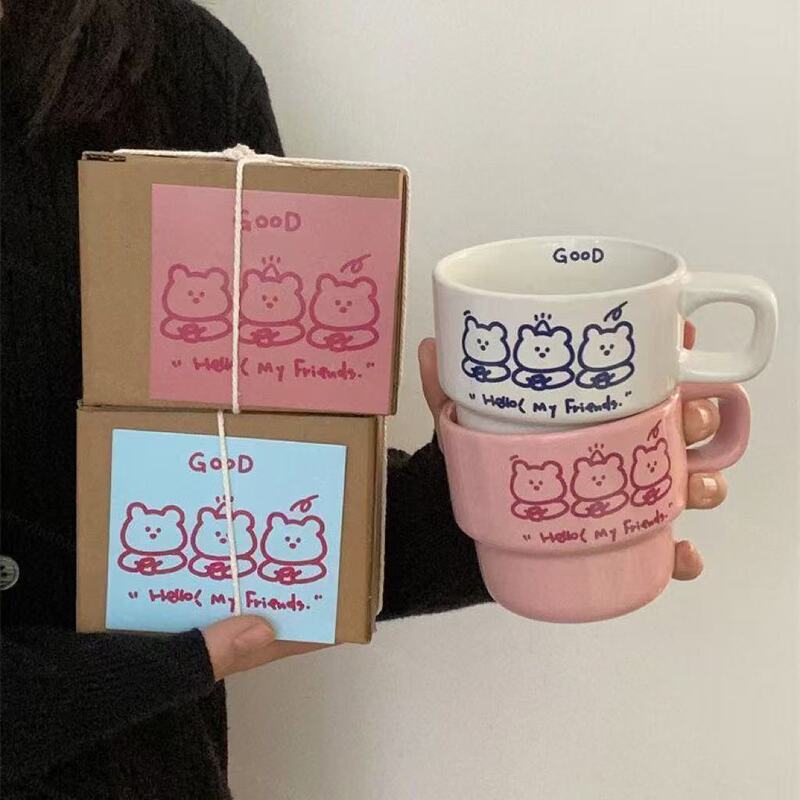 新款粉色可爱三只小熊叠叠杯耐高温陶瓷杯子咖啡杯情侣闺蜜水杯无|undefined