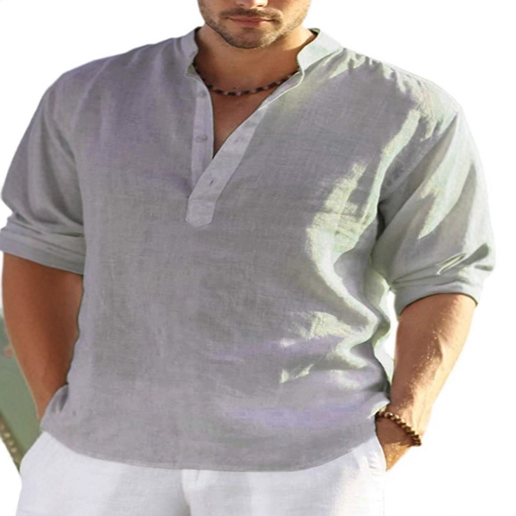 Men's Linen Long-Sleeved T-Shirt, Loose Undershirt, Solid Color Long-Sleeved Cotton Linen Shirt, Men's Plus Size_viptrois.com