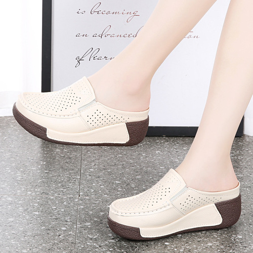 Summer Genuine Leather Outerwear Slip-On Half-Pull-on Sandals for Women, Thick Sole with Holes and Platform, for Middle-Aged and Elderly Mothers, One-Strap Slippers