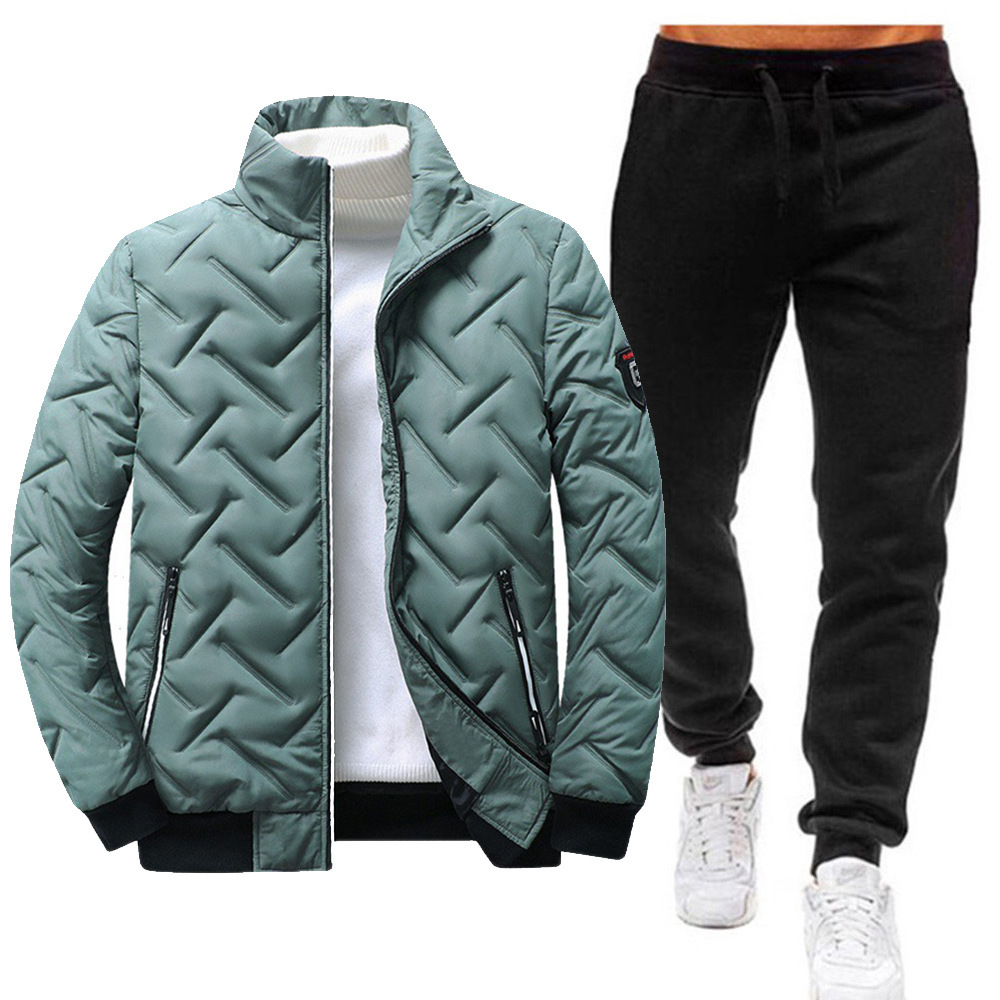 Chaqueta de algodón con cuello de pie para hombre transfronterizo + traje de pantalón Chaqueta de algodón cálido engrosada de invierno chaqueta de abajo conjunto de dos piezas casual ahora
