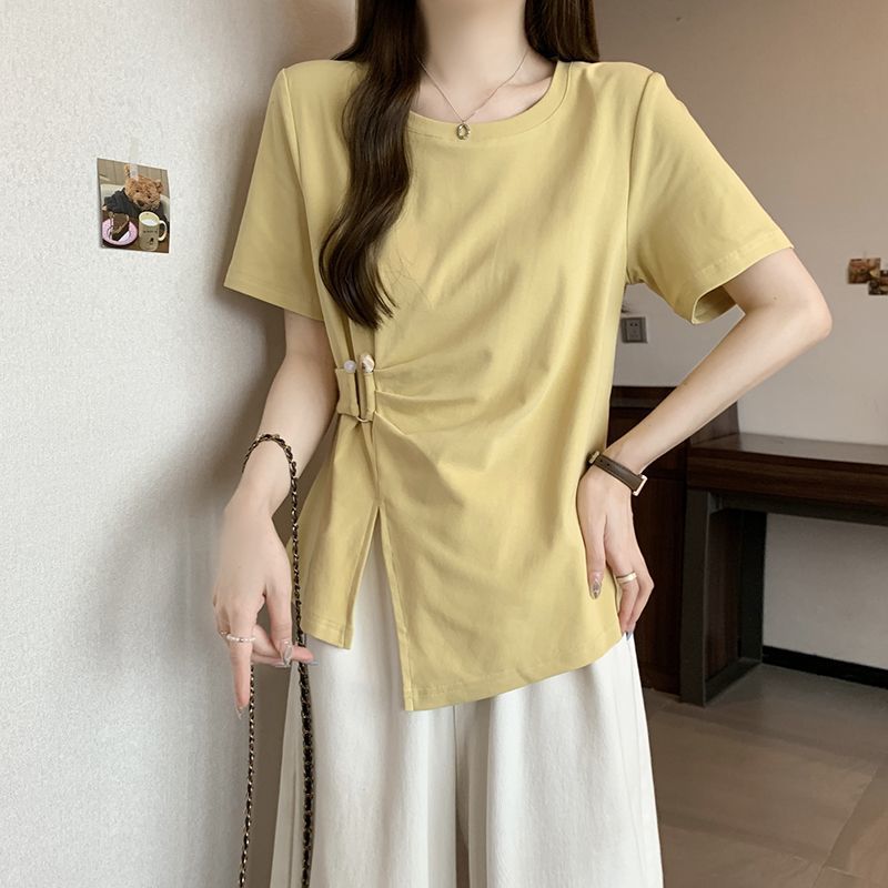 Pure Cotton Plus Size Slightly Fat mm Summer New Style Asymmetrical Slit Right Shoulder Slimming Look Short-Sleeved T-Shirt Women's Top