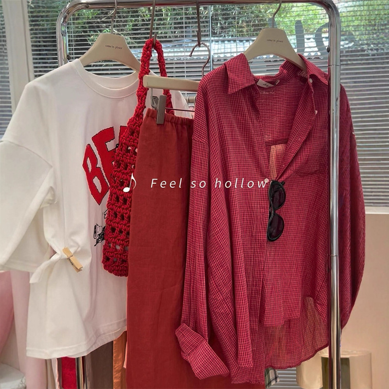2656 # Red Plaid Fashionable Sweet Shirt for Women 2025 Summer New Korean Style Cool Long-Sleeved Shirt 2656 # Red Plaid Fashionable Sweet Shirt for Women 2025 Summer New Korean Style Cool Long-Sleeved Shirt