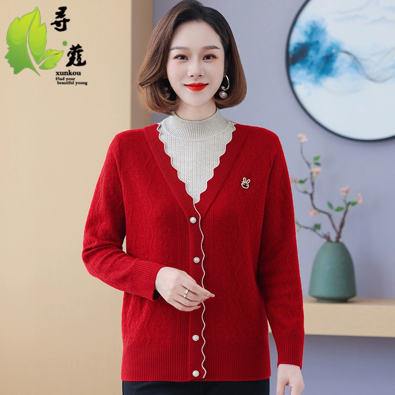 Новый трикотажный топ среднего возраста модный красный праздничный костюм мамы осенний свитер с длинными рукавами