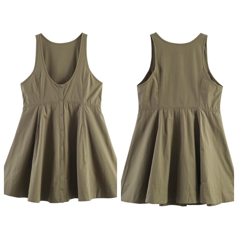 New European and American Summer Fashion Workwear Style Low Round Neck Washed Poplin Single-Breasted Short Sleeveless Dress Trendy