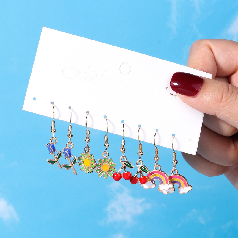 15g Weight Alloy Ear Needle Material Drop Earrings Classification 5 Pairs Quantity Casual, Daily Occasion Alloy Material Cherry, Starfish Pattern Women's Gender Enamel Design Cute Style 5 Pairs Cute Cherry Starfish  Enamel Alloy Drop Earrings 12