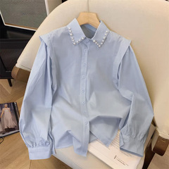 钉珠翻领长袖衬衫女秋新款设计感时尚气质衬衣小众上衣3659雾霾蓝
