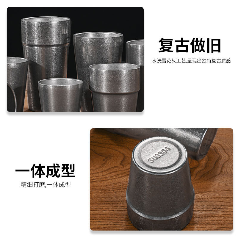 レトロ304ステンレス二重コップは古い韓国式焼肉レストランのティーカップのビールカップの飲み物を作ります。|undefined