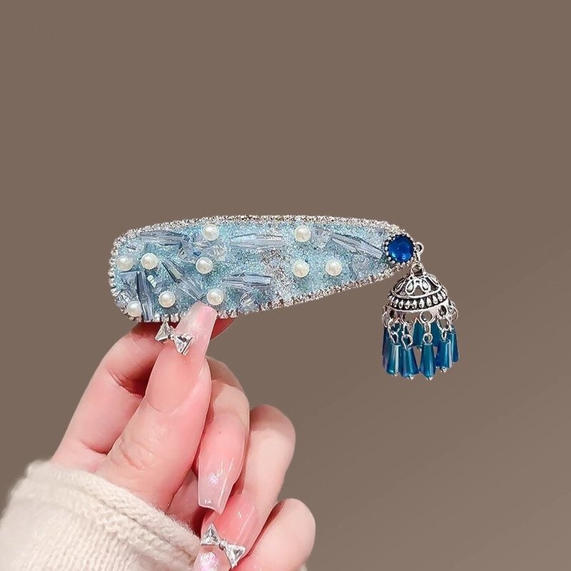 宝石蓝色~治愈系侧边夹闪钻珍珠民族风流苏发夹轻奢气质发卡发饰|undefined