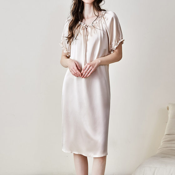 New Midi Silk Nightdress Women's Solid Color Short-sleeved Loose plus size Dress Relaxed Home Clothes Spring and Summer Gift