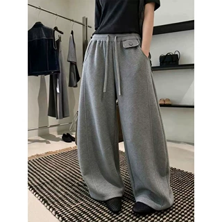 加绒加厚慵懒风抽绳弯刀阔腿卫裤女秋冬新款垂感宽松显瘦休闲裤女