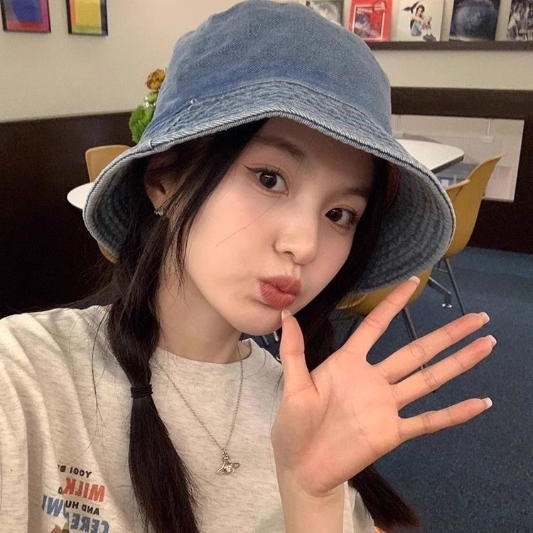 蝴蝶结牛仔渔夫帽女韩版甜美水洗刺绣盆帽春夏时尚百搭防晒遮阳帽|undefined