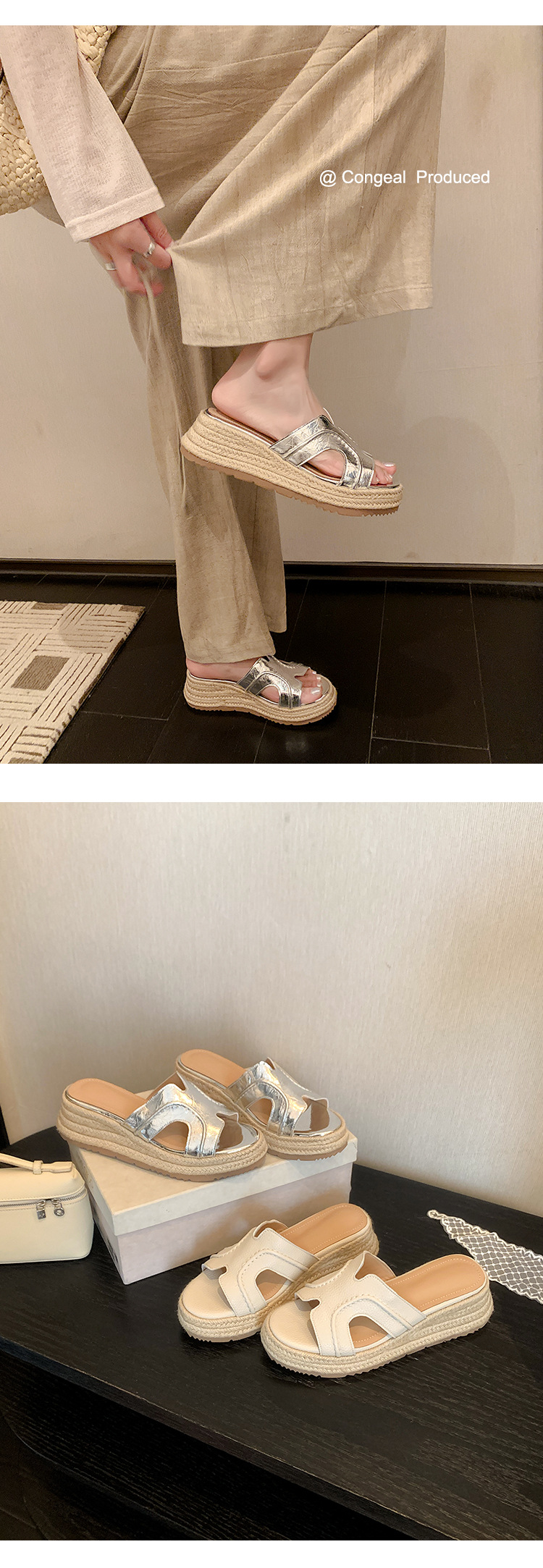 Dép sandal nữ quai chữ H đế đan rơm cao gót xuồng — màu trắng ngà, bạc chi tiết 6