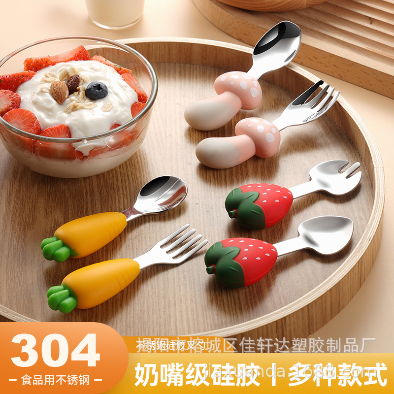 Table Spoon and Fork Silicone Baby Feeding Tableware Set Cartoon Strawberry Food Supplement Spoon 304 Stainless Steel Fork and Spoon High Appearance
