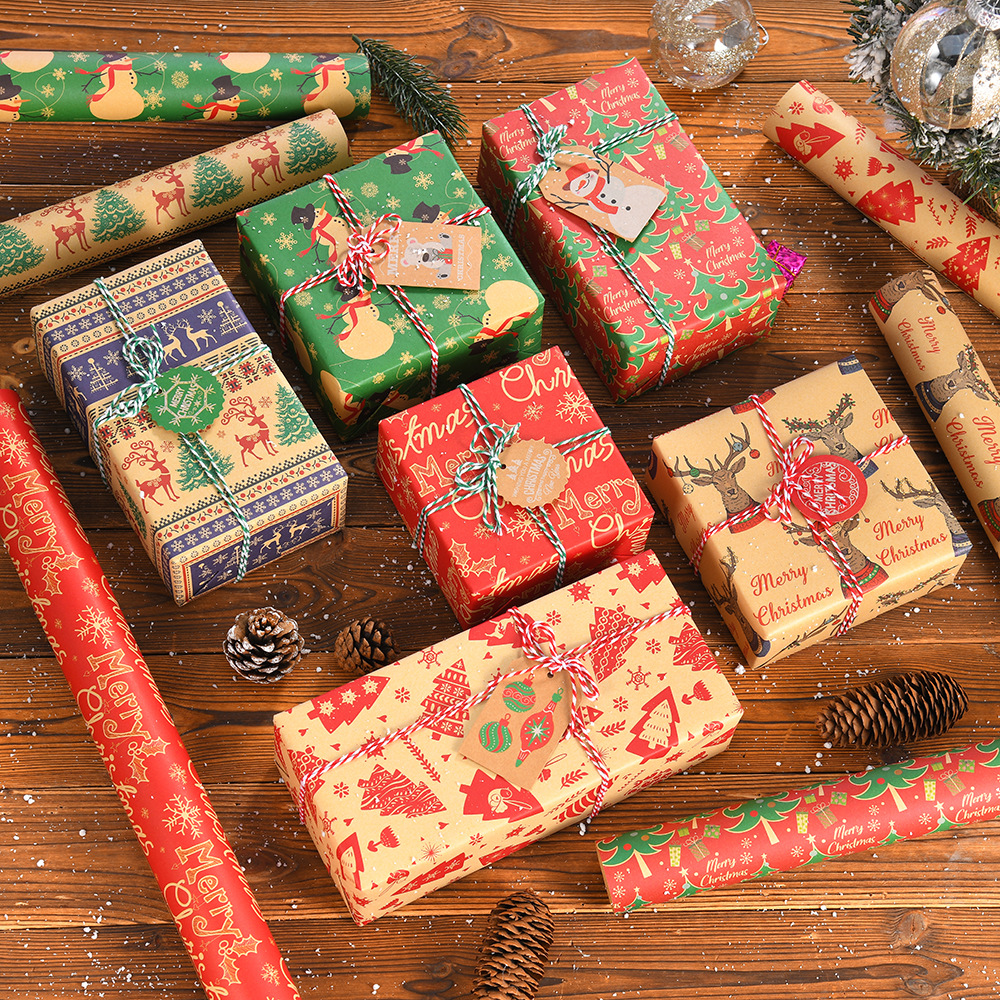 Nuevo papel de regalo de Navidad transfronterizo papel de kraft retro árbol de Navidad copo de nieve muñeco de nieve día embalaje de regalo papel de regalo