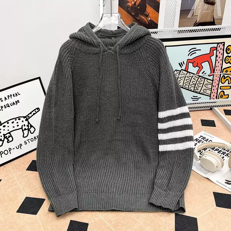 2025秋冬日系条纹毛衣男复古慵懒风休闲宽松连帽羊毛针织衫外套