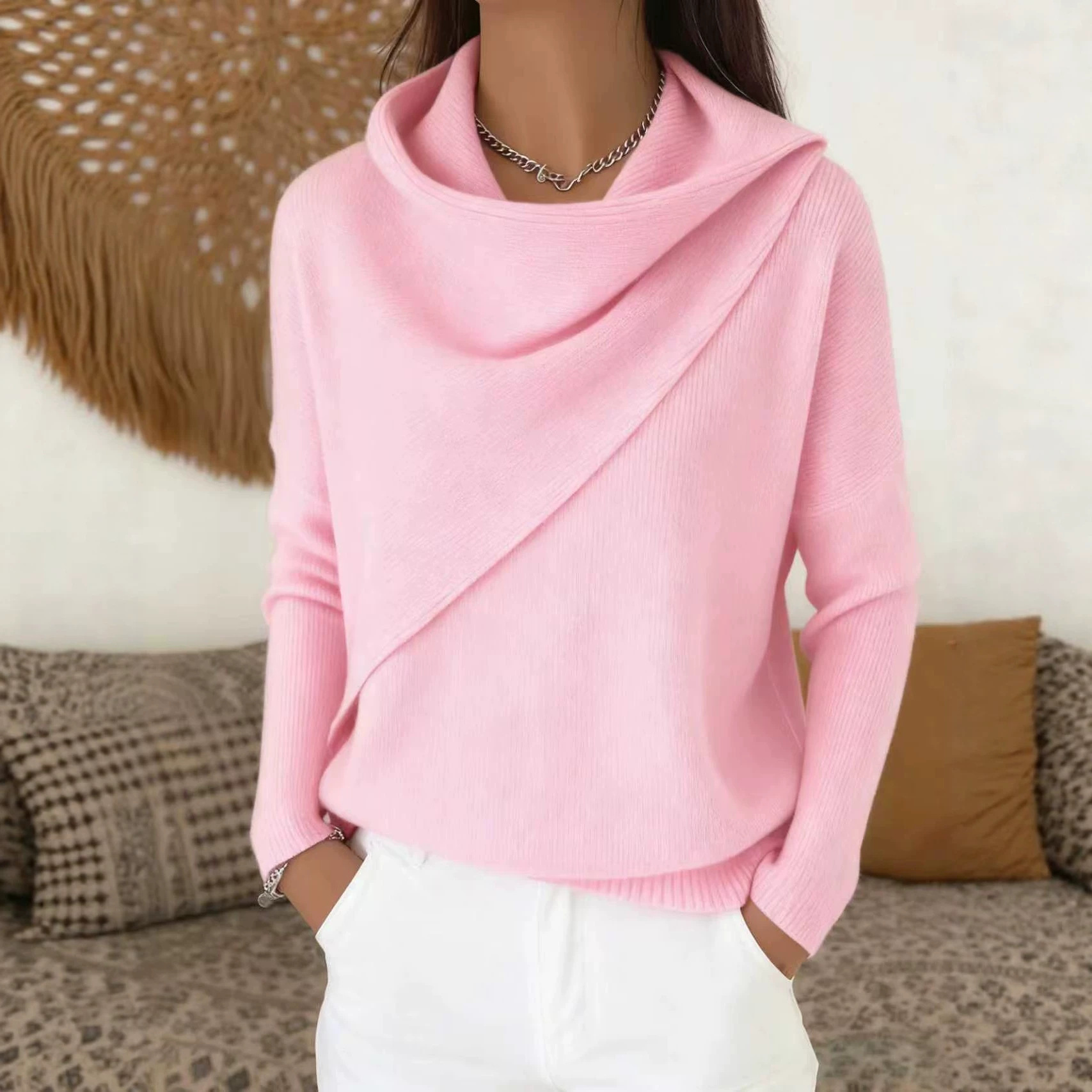 European and American cross-border 2026 autumn and winter women's round-neck pullover knit sweater, Amazon loose-fitting casual style solid color women's top