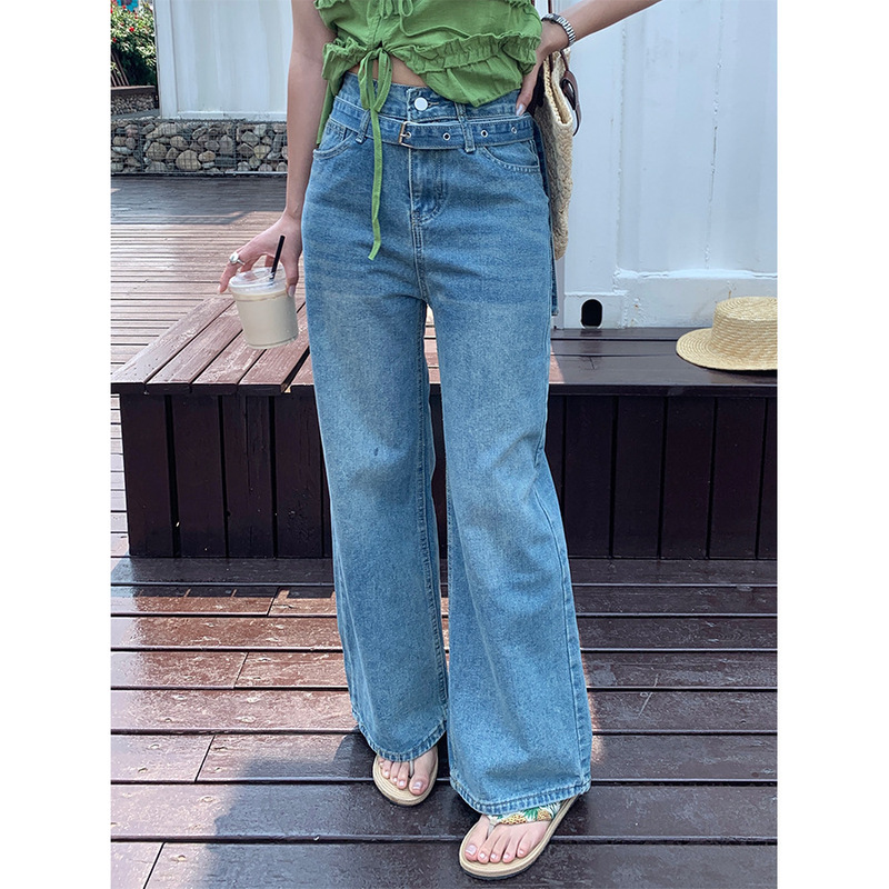 Huang Zheng Korean Style New Loose Wide-Leg Pants High-Waisted Lace-Up Straight Pants Double Waistband Non-Elastic Jeans 520609