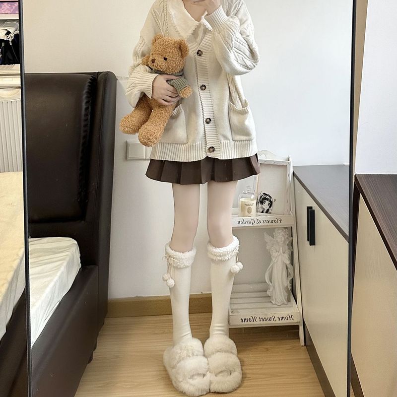 加绒加厚小腿袜子女秋冬款保暖蝴蝶结毛球中筒及膝堆堆袜日系jk袜|undefined