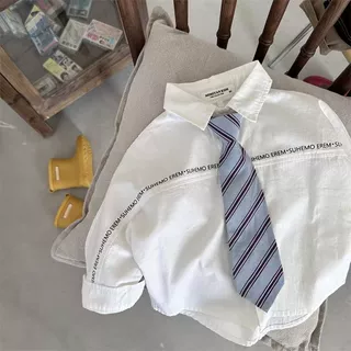 儿童衬衫2026新款春季男女童字母领带长袖宝宝学院风简约白衬衣