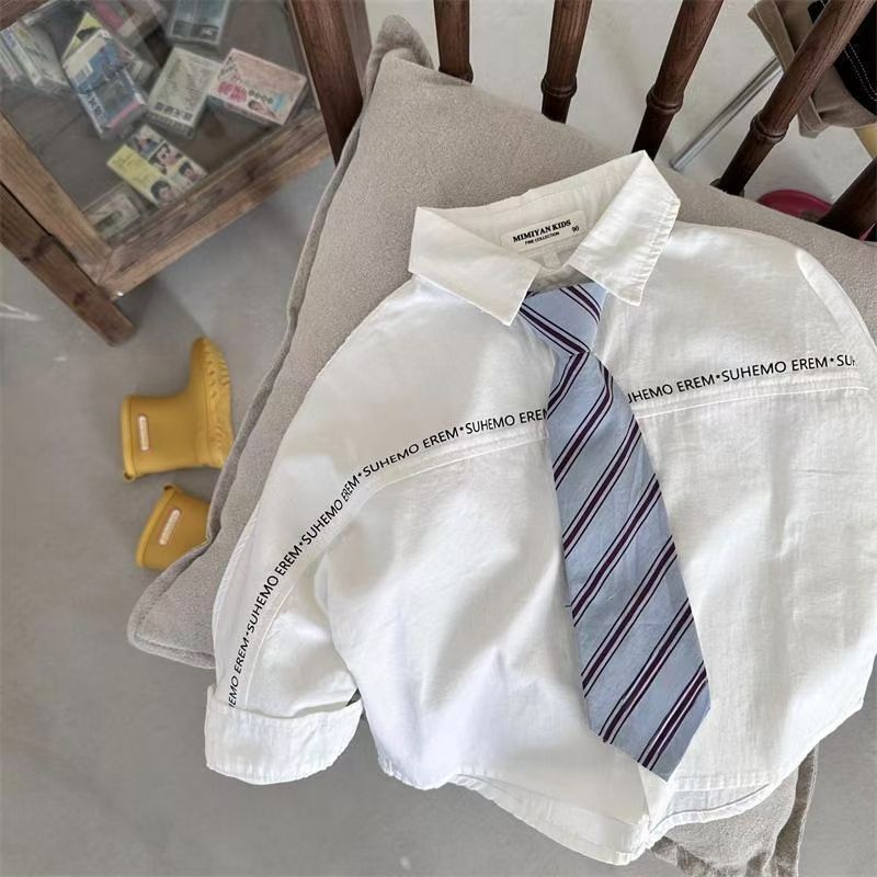 Children's Shirts 2026 New Spring Style Boys and Girls Letter Tie Long-Sleeved Baby College Style Simple White Shirt