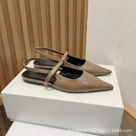 法式复古气质尖头凉鞋女鞋子春夏季一字带后空晚晚鞋包头平底鞋