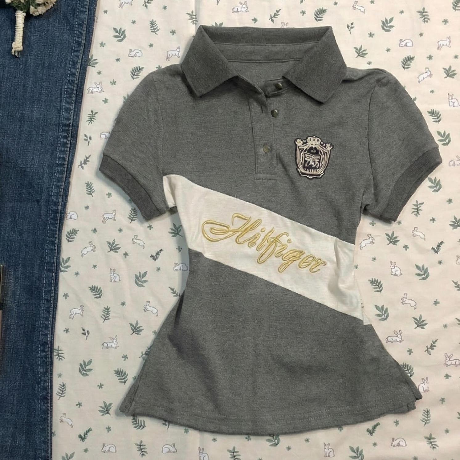 American retro vintage style sexy girl old-fashioned gray polo color-blocked short-sleeved T-shirt off-season light and light top