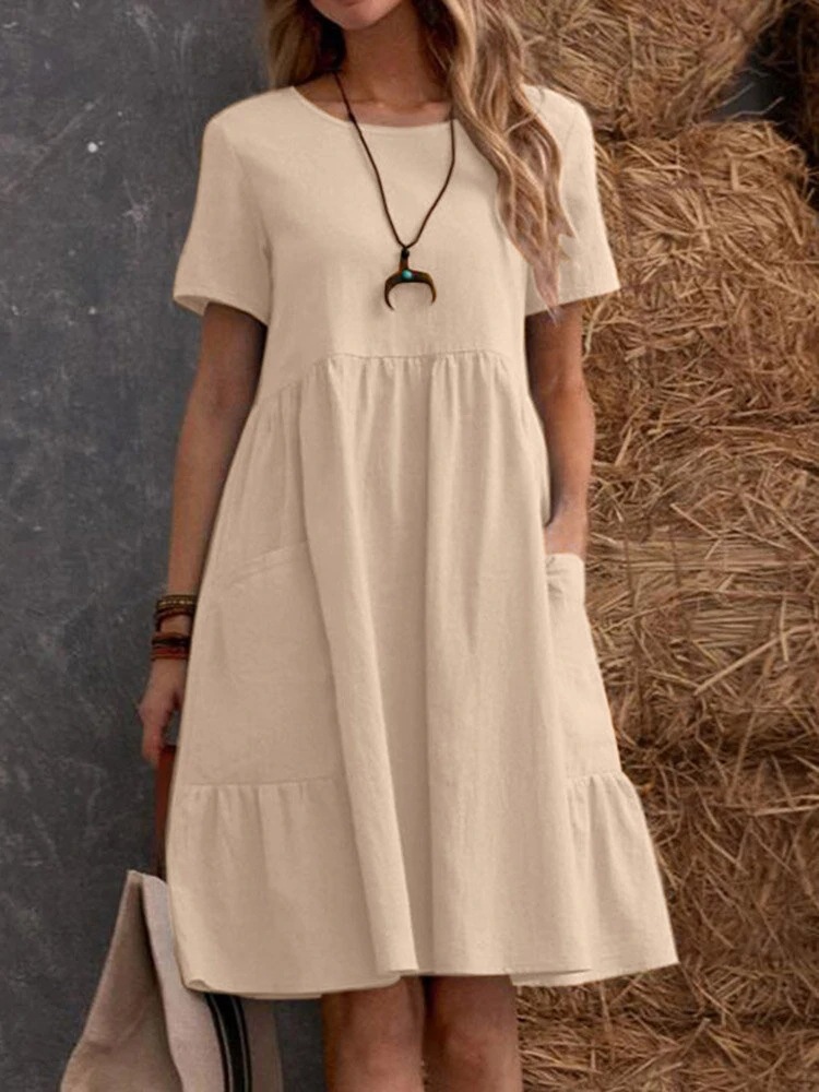 2026 Summer European And American Retro Loose Pocket Solid Color Round Neck Women's Dress_ecoleips.com