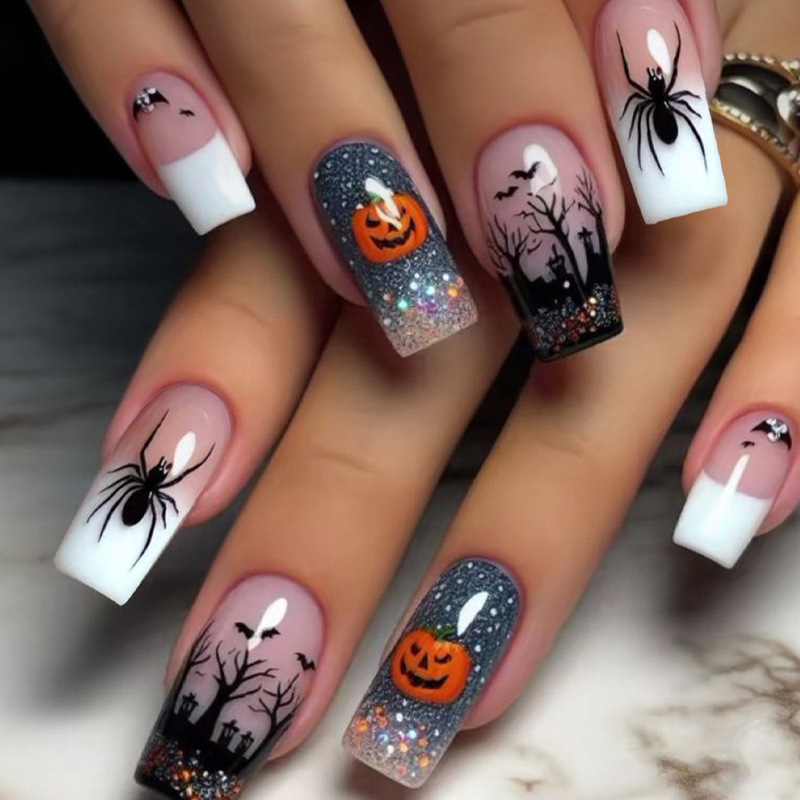 Halloween Medium Water Pipe White French Black Spider Orange Pumpkin Dark Forest Wearable Nail Art Patch Halloween Medium Water Pipe White French Black Spider Orange Pumpkin Dark Forest Wearable Nail Art Patch