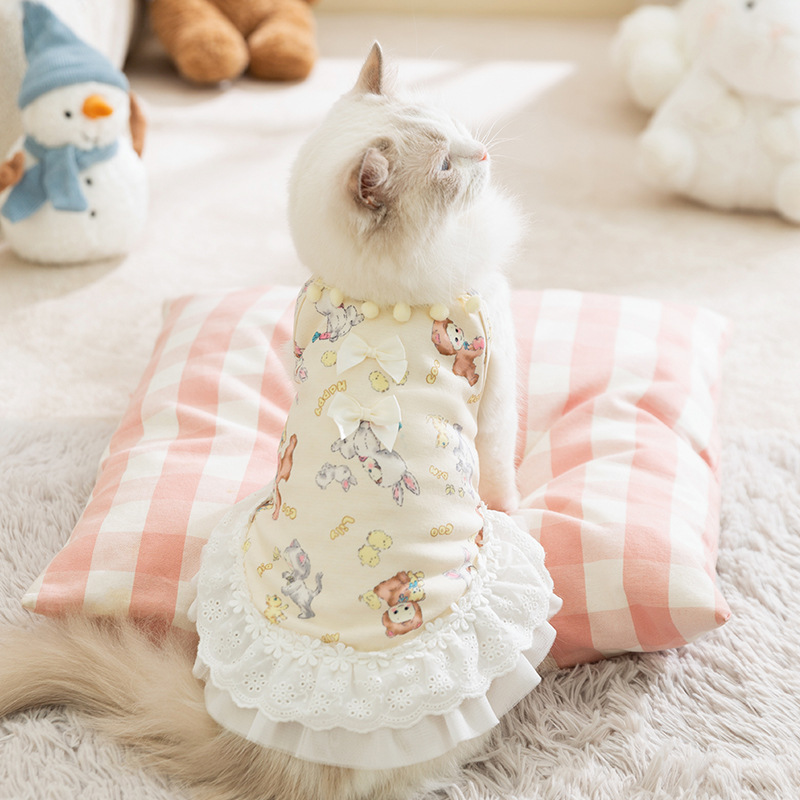가을 겨울 고양이 옷, 스커트, 리본 레이스, 이중 배 보호, 가정복, 조끼, 스커트, 강아지 애완 동물 옷