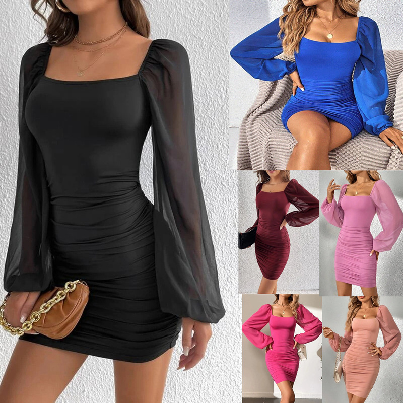 2023 AliExpress Amazon Europe and America high tube dress pleated contrast mesh simple elegant new