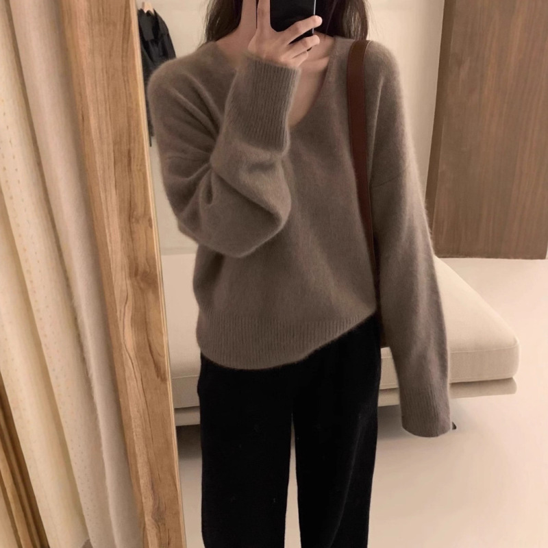 新しいソリッドカラーのソフトワックスキャンディーカラーのルーズVネックプルオーバーセータートップ女性用秋と冬のインナーセーター|undefined