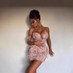 Cross-border Europe and the United States Ostrich Hair Fashion Deep V-neck Short dress Usually Wear Small Ladies Style Dress