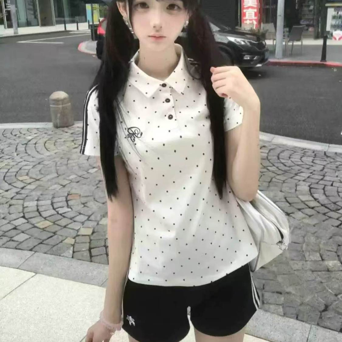 美式复古学院风波点POLO衫设计感显瘦短袖女夏季修身上衣短裤套装