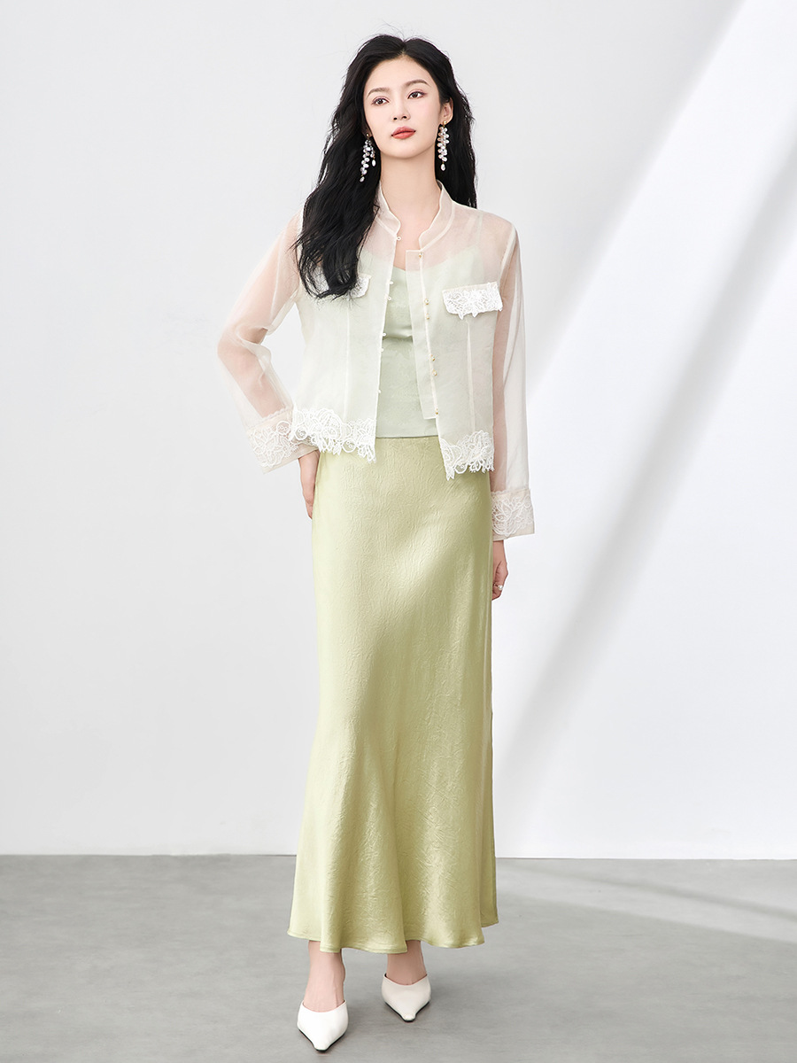 Áo sơ mi dài tay lụa organza cao cấp kiểu Trung Quốc mới mùa hè — Màu đen