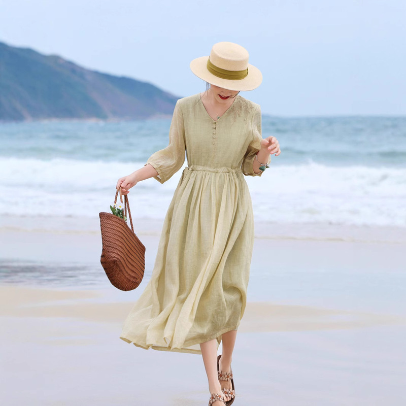 2025 Spring and Summer New Ramie Fried Color dress Long Loose Retro Artistic Lightweight Embroidery