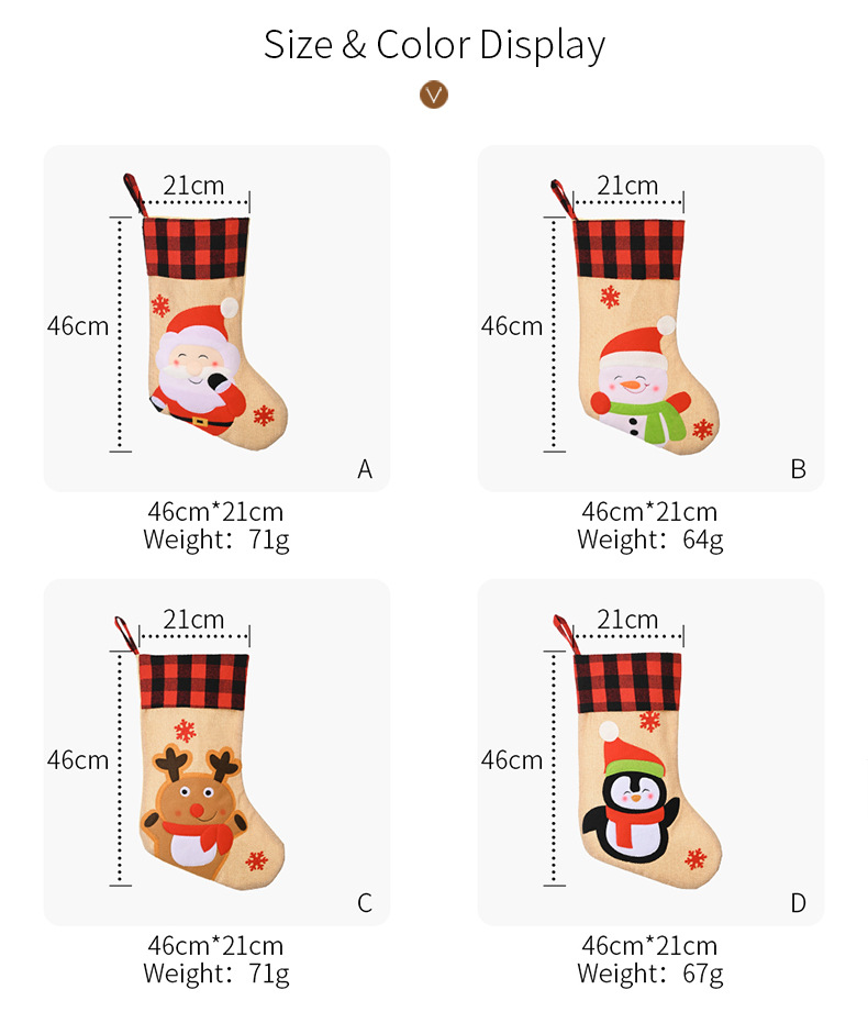 Nuevos suministros decorativos navideños Medias navideñas de algodón a cuadros rojos y negros Medias navideñas de regalo de anciano con dibujos animados Bolsa de regalo_voghion.com
