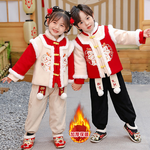 Winter boys' velvet New Year's clothing, New Year's clothing, children's suits, children's first-year New Year's clothing, girls' New Year's Day performance clothing